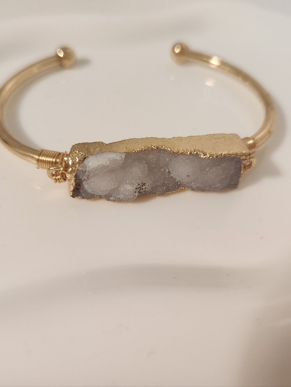 Gold Druzy Bar Cuff Bracelet - White Crystal Accent
